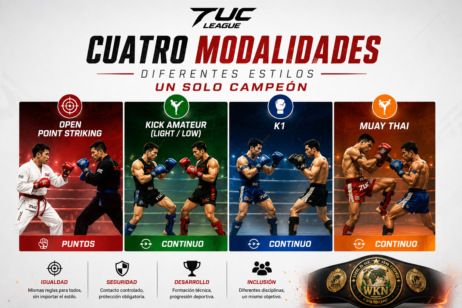 Cuatro modalidades: Open Point Striking, Kick Amateur, K1 y Muay Thai
